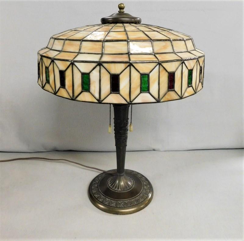 Vintage Leaded Glass Table Lamp: Vintage Leaded Glass Table Lamp, Caramel Color Shade w/Rectangular Red & Green Insets in VG Cond. - 16in.D. Shade, 21in.H.
