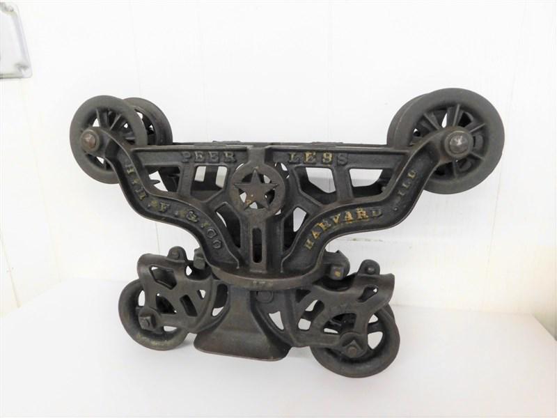Antique Iron "Peerless" Hay Trolley: Antique Iron "Peerless" Star Hay Trolley Barn Carrier Pulley in VG Cond.