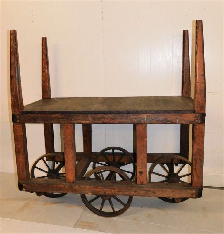 Antique Industrial RR Baggage Cart: Antique Industrial RR Iron & Wooden Baggage Cart in Gd. Cond. - 50in.L. x 28in.D x 53in.H.