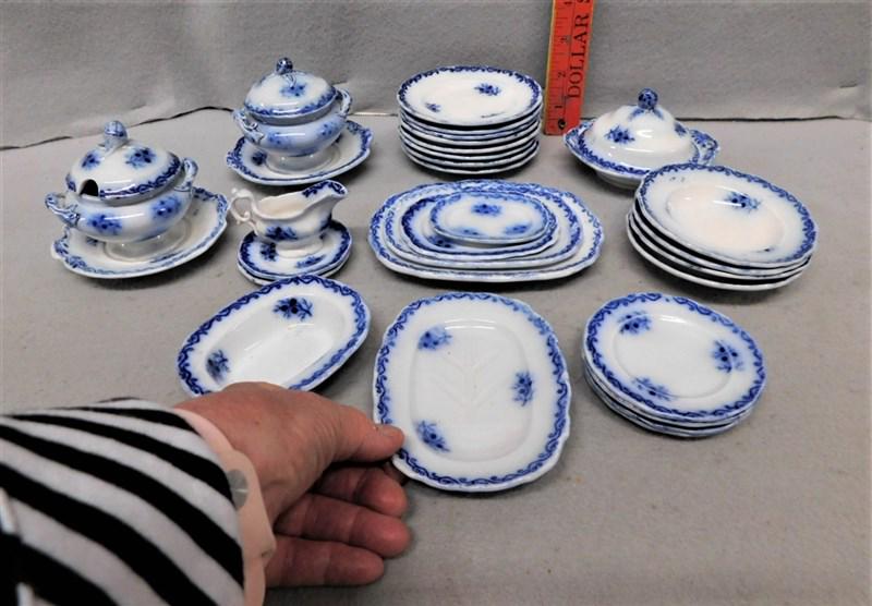 Rare Lot of Flow Blue Miniatures: Rare 30 Pcs. of Flow Blue Miniatures by WH Grindley - Janette Pattern incl. a Very Rare 5in.L Well & Tree Platter