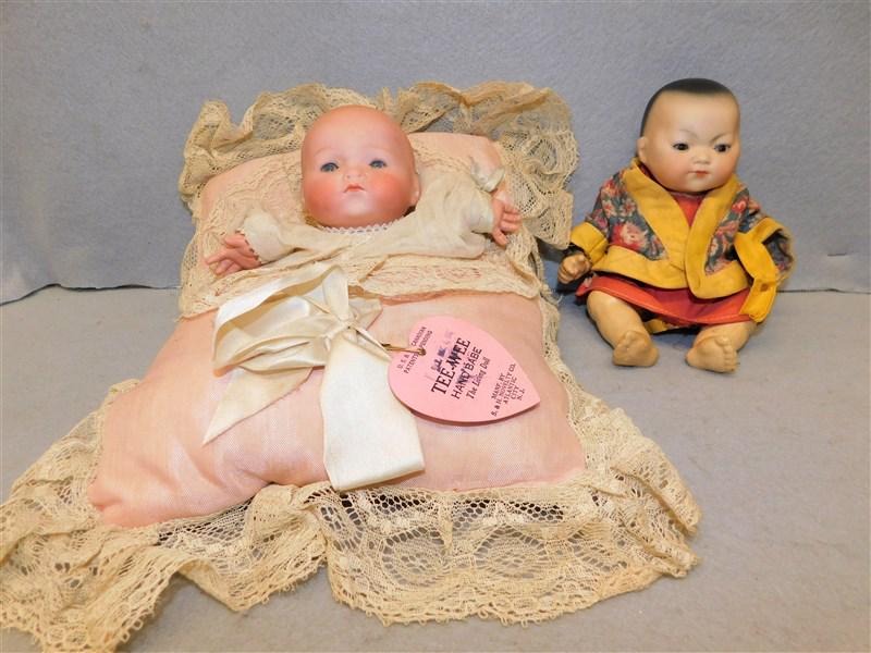 Lot of 2 Bye-Lo Dolls: Lot of 2 Bisque Head Bye-Lo Dolls - 1- Armand Marseilles Baby on Pillow & 1- Oriental Baby