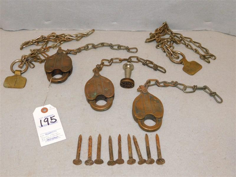 Lg. Lot Railroad Collectibles: Lg. Lot of RR Collectibles incl. 3 RR Locks, RR Nails, RR Chains & West Shore RR Conductor, Weehawken, NJ, RR Stamp (No Keys)