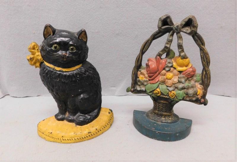 Lot of 2 Cast Iron Doorstops: Lot of 2 Cast Iron Doorstops - 1- Flower Basket, 1 - Black Cat in Gd. Cond. - 8 1/2in.H.