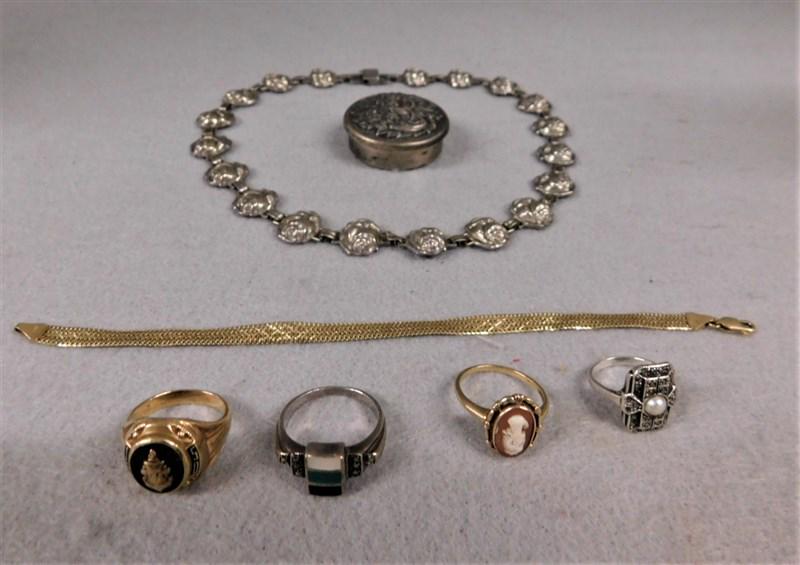 Lot of Sterling & Gold Jewelry: Lot of Sterling & Gold Jewelry incl. 14K Gold Bracelet, 10K Gold Class Ring; Sterling Necklace, Pill Box & 2 Rings in VG Cond.