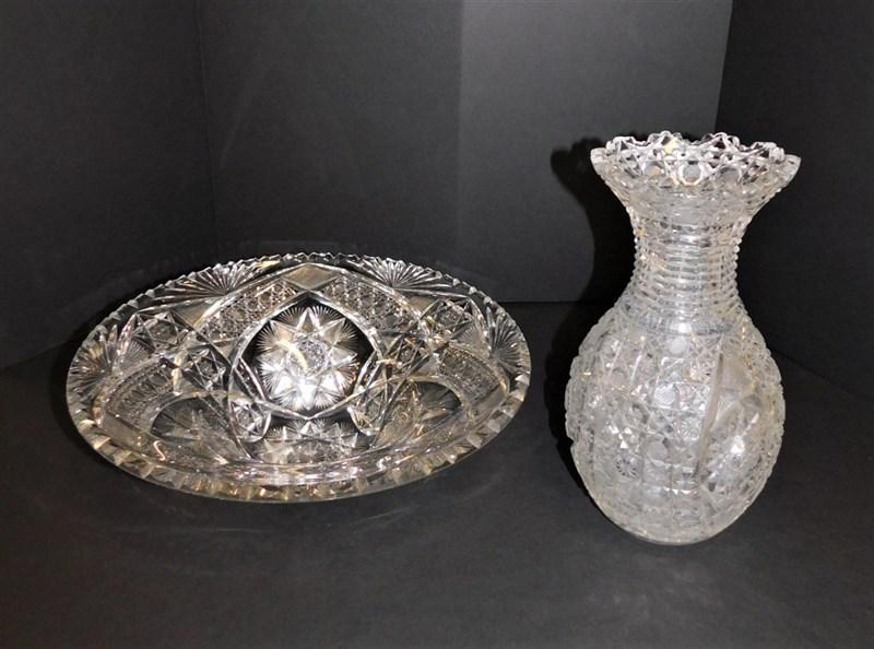Lot of 2 Beautiful Pcs. of Cut Glass: Lot of 2 Beautiful Pcs. of Cut Glass incl. a Large 15in.D. Stars/Daisy & Button Bowl & a 12in.H. Pinwheel /Daisy & Button Vase