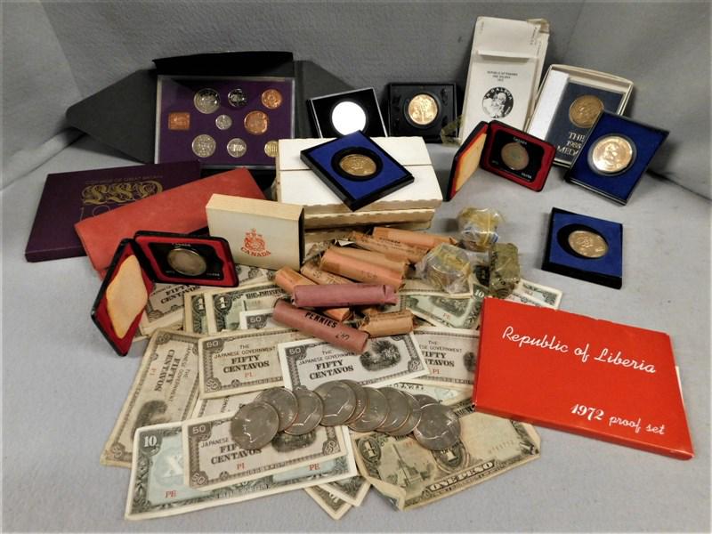 Lot of Foreign Coins & Japanese Paper Money: Lot of Foreign Coins & Japanese Paper Money, Britain, Northern Ireland Coins, Many Uncirculated Coins, Penny Rolls, etc..