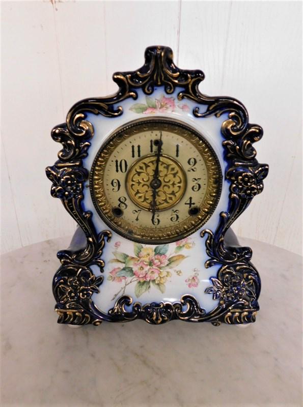 Blue Floral China Shelf Clock: Blue Floral China Shelf Clock w/Time & Strike in VG Cond.