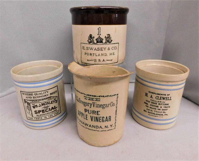 Lot of 4 Pcs. of Vendor's Stoneware: Lot of 4 Pcs. of Vendor's Stoneware incl. OL Gregory Vinegar Co. NY Pitcher(Some Chipping), HA Clewell - PA Crock, Wm. J Moxley's - PA Crock & ES Swasey & Co. Crock - ME
