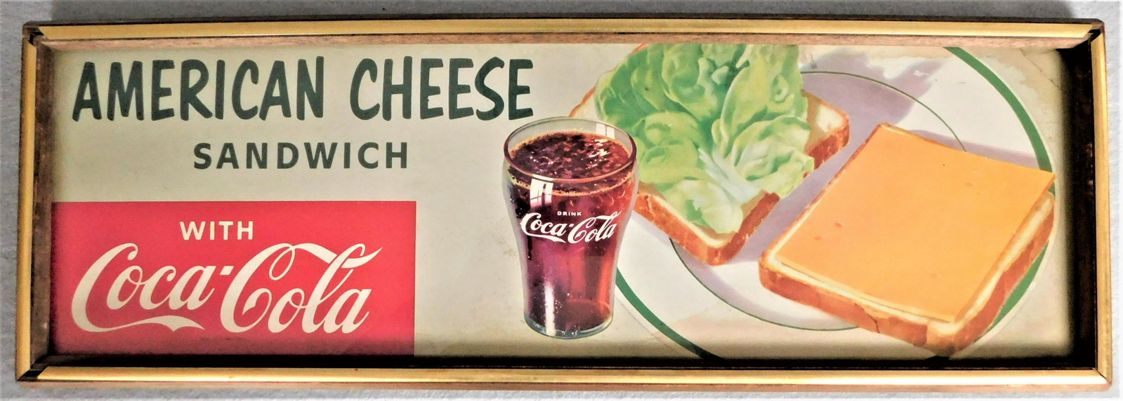 Vintage Coca-Cola Sandwich Sign: Vintage Cardboard "Coca-Cola American Cheese Sandwich" Sign in VG Cond. Framed Under Glass - 7 3/4in.H. x 22 3/4in.W.
