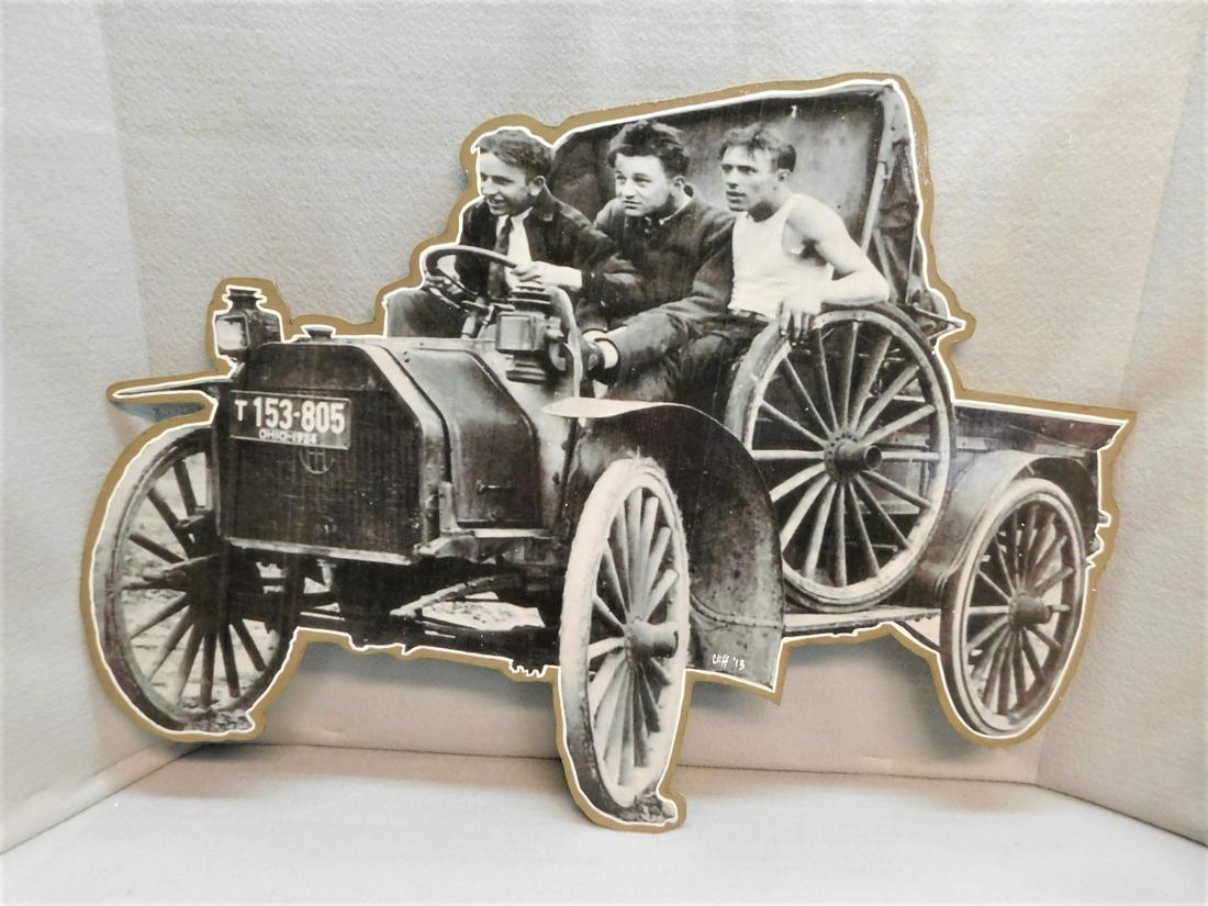 Custom Cutout Decal on Masonite: Custom Cutout Decal on Masonite of Three Guys in an Early Car in VG Cond. - 18 1/2in.H.x25 1/4in.W.-The Custom pcs. in this sale were made by Mr. Burgess, they are not mass produced reproductions, Mr.