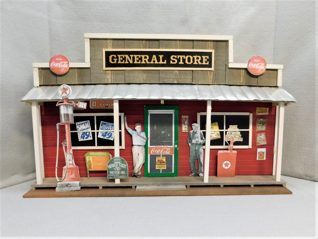 Custom Wooden & Paper Diorama: Custom Wooden & Paper Diorama of Early Country Porch Storefront in VG Cond. - 24in.W.x15in.H.