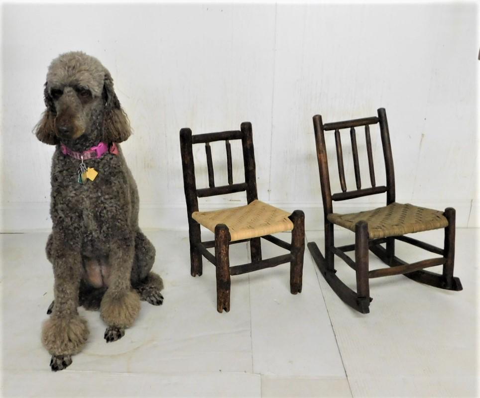 Children's Adirondack Chair & Rocker: Lot of 2 - Children's Adirondack Chair & Rocker w/Woven Seats in VG Cond. (Chair has new seat) our Jacklyn Rose is a Very Good Model (She is not for sale)