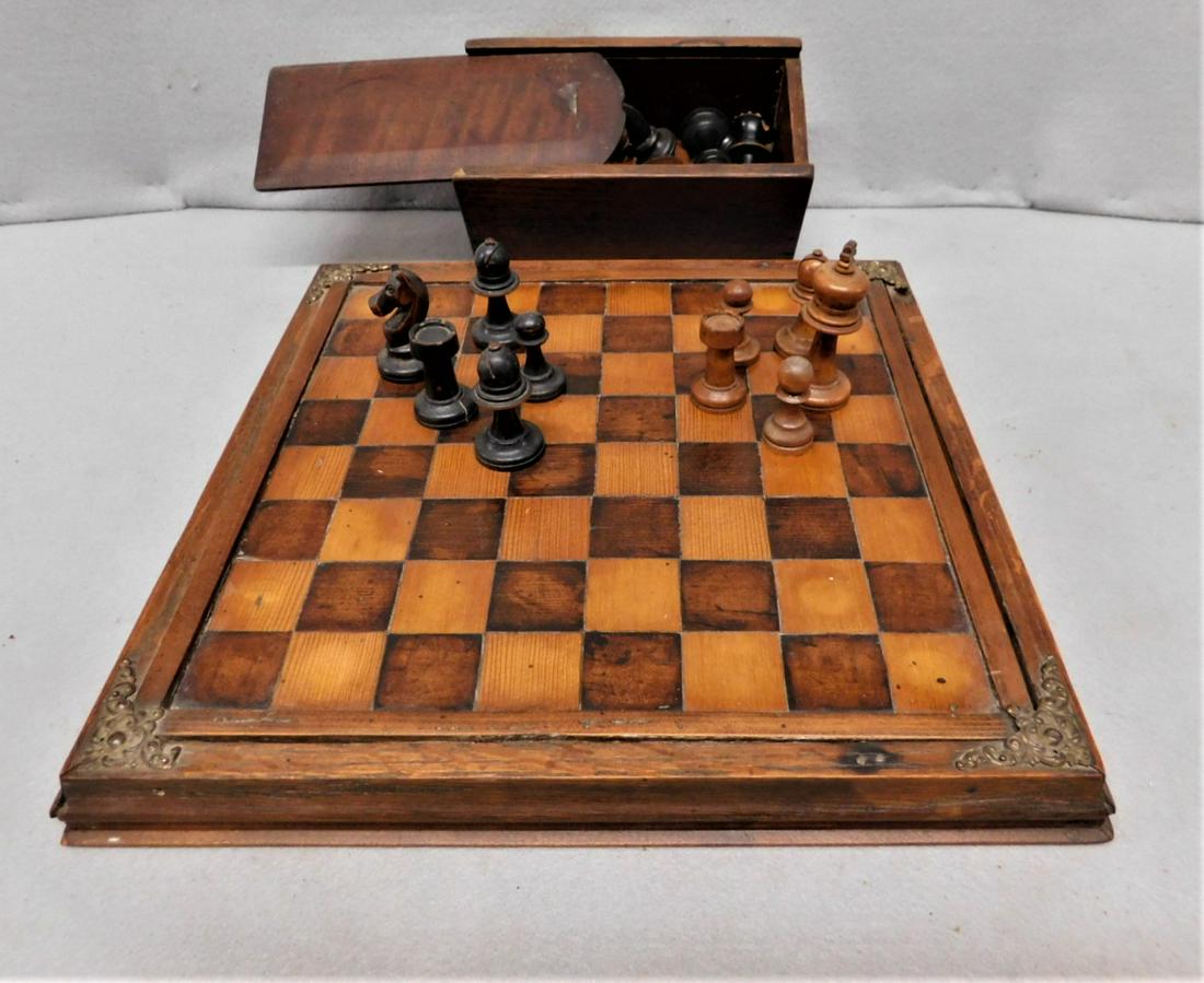 Early Inlaid Chess Board & Pcs.: Early Wooden Inlaid Chess Board & Pcs. w/Fancy Brass Corners, Chess Pcs. in Wooden Box in Gd. Cond. - 14 in.Sq.x 1 1/2in.H.