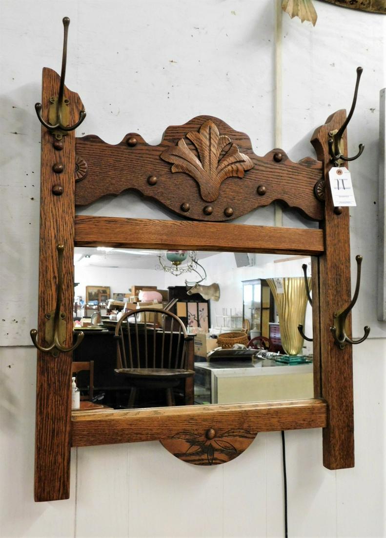 Carved Oak Wall Mirror: Carved Oak Wall Mirror w/Coat Hooks in VG Cond.