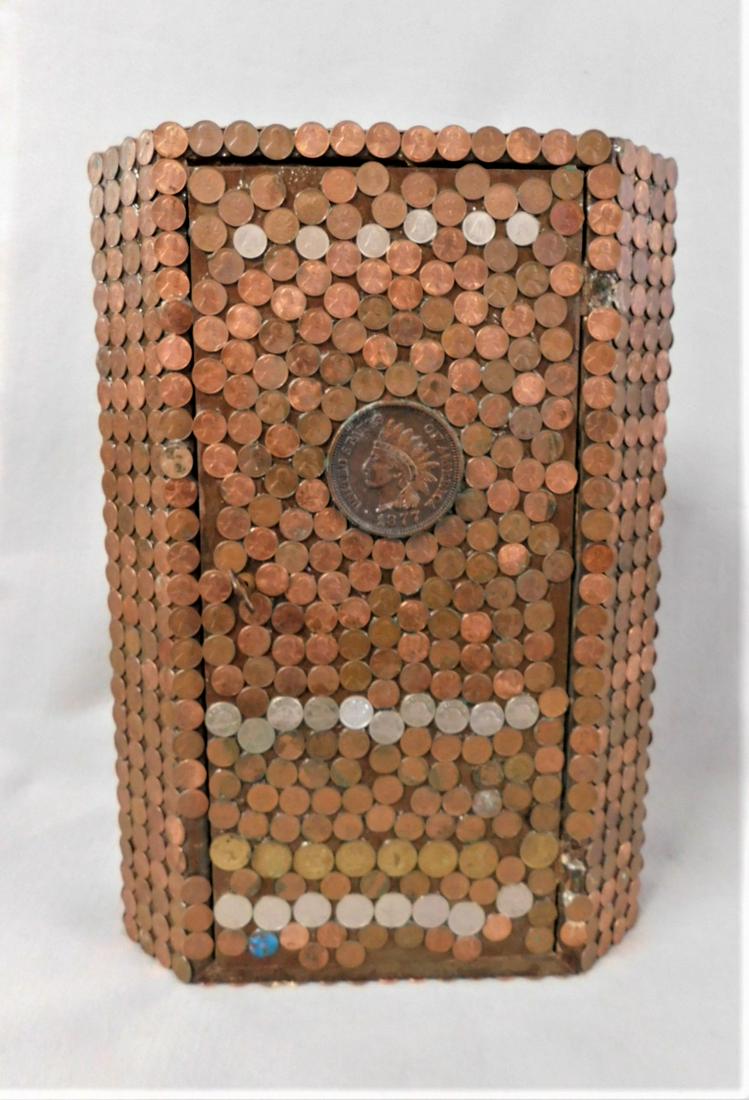 Unusual Folk Art Cabinet: Modern Unusual Folk Art Cabinet Covered in Approx. 2,000 American & Canadian Coins, Mostly Pennies, 6 - 3in.D. Balls & Several Marbles Inside,Cabinet Appears to Be Made of Sheet Steel in Gd. Cond. 20