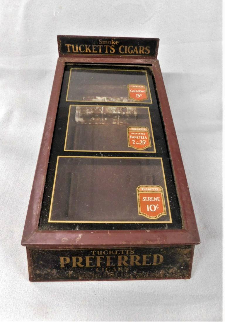 Vintage "Tuckett's Cigar" Display: Vintage Metal "Tuckett's Cigar" - 5 cents, 2 for 25 cents & 10 Cents Lift Top Display Case in Gd. Cond.