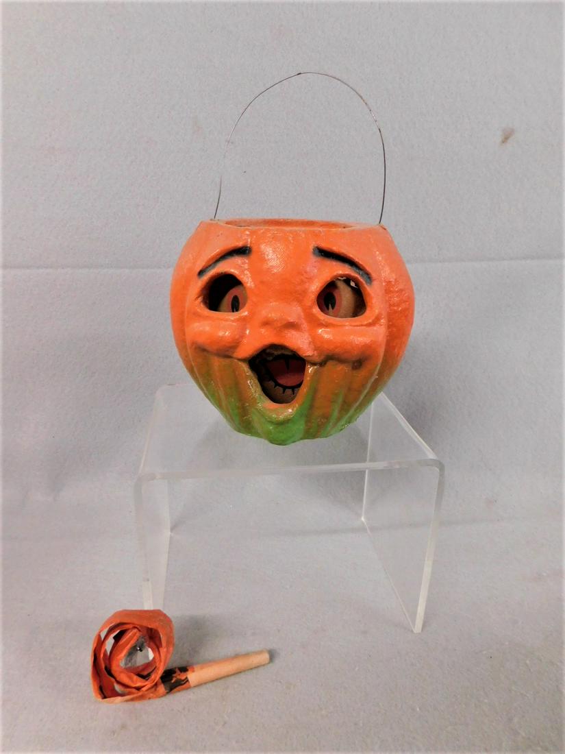 Vintage Pumpkin Candy Container: Vintage Pumpkin Papier Mache Candy Container w/Wire Handle & Paper Face Insert & Early working Blower in Gd. Cond. - 5 3/4in.Hx6 1/2in.W. ( Paper Face has tear by top of mouth )