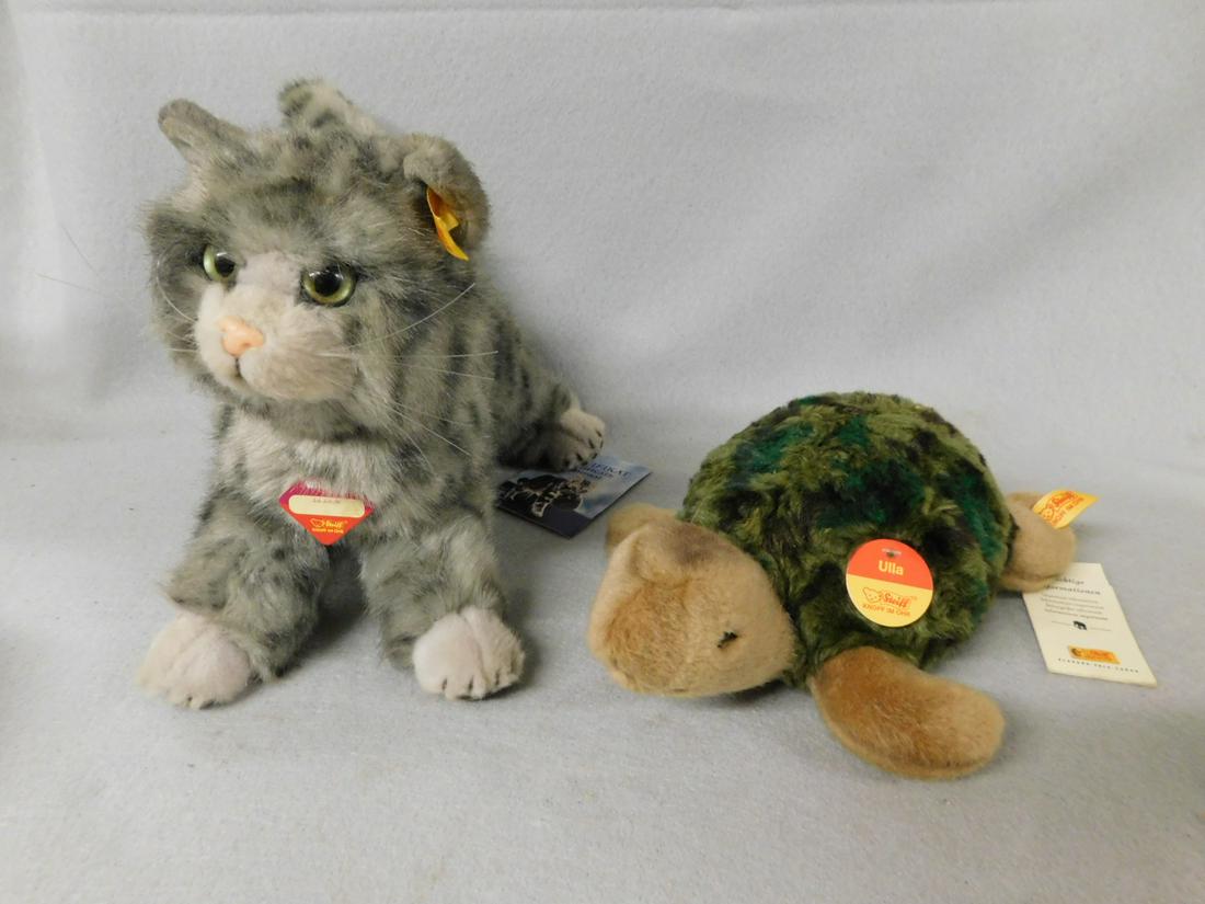 Lot of 2 Steiff Plush Animals: Lot of 2 Steiff Plush Animals incl. "Whiskas" Cat & 4in.H. "Ulla" Turtle in VG Cond. - Both W/Tags & Buttons