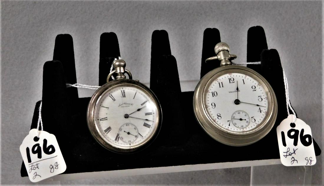 Lot of 2 Vintage Pocketwatches: Lot of 2 Vintage Pocketwatches incl. On Left - American Watch Co. by Waltham Wht. Metal Case(hairline on face & Glass Scratched); On Rgt. - Waltham Wht. Metal Case w/Train on Rev., Both Working