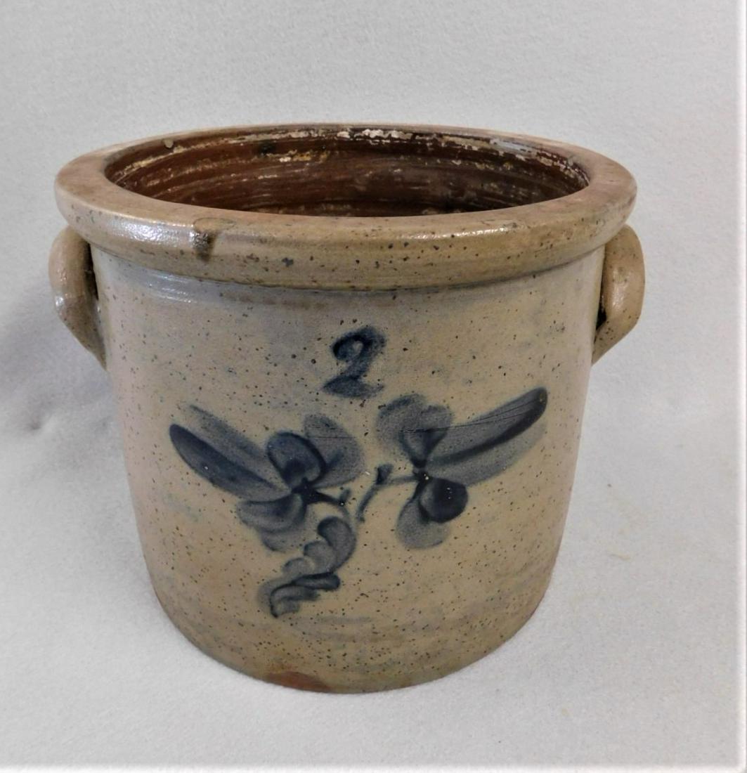 Decorated Stoneware Crock: 2 Gal. Decorated Stoneware Crock w/ Blue Floral Decor. in Gd. Cond.- 9in.H. - Please Call For hands On Cond. Report