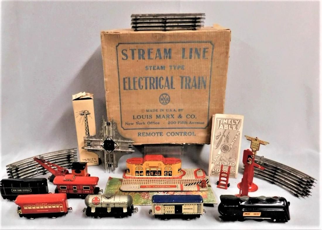 Vintage Louis Marx & Co. Train Set: Vintage Louis Marx & Co. Train Set in Orig. Box - Stream Line Steam Tyrpe Electrical Train - Commodore Vanderbilt Engine w/6 Cars, Tracks, 5 Access. & Tranformer in VG Cond.