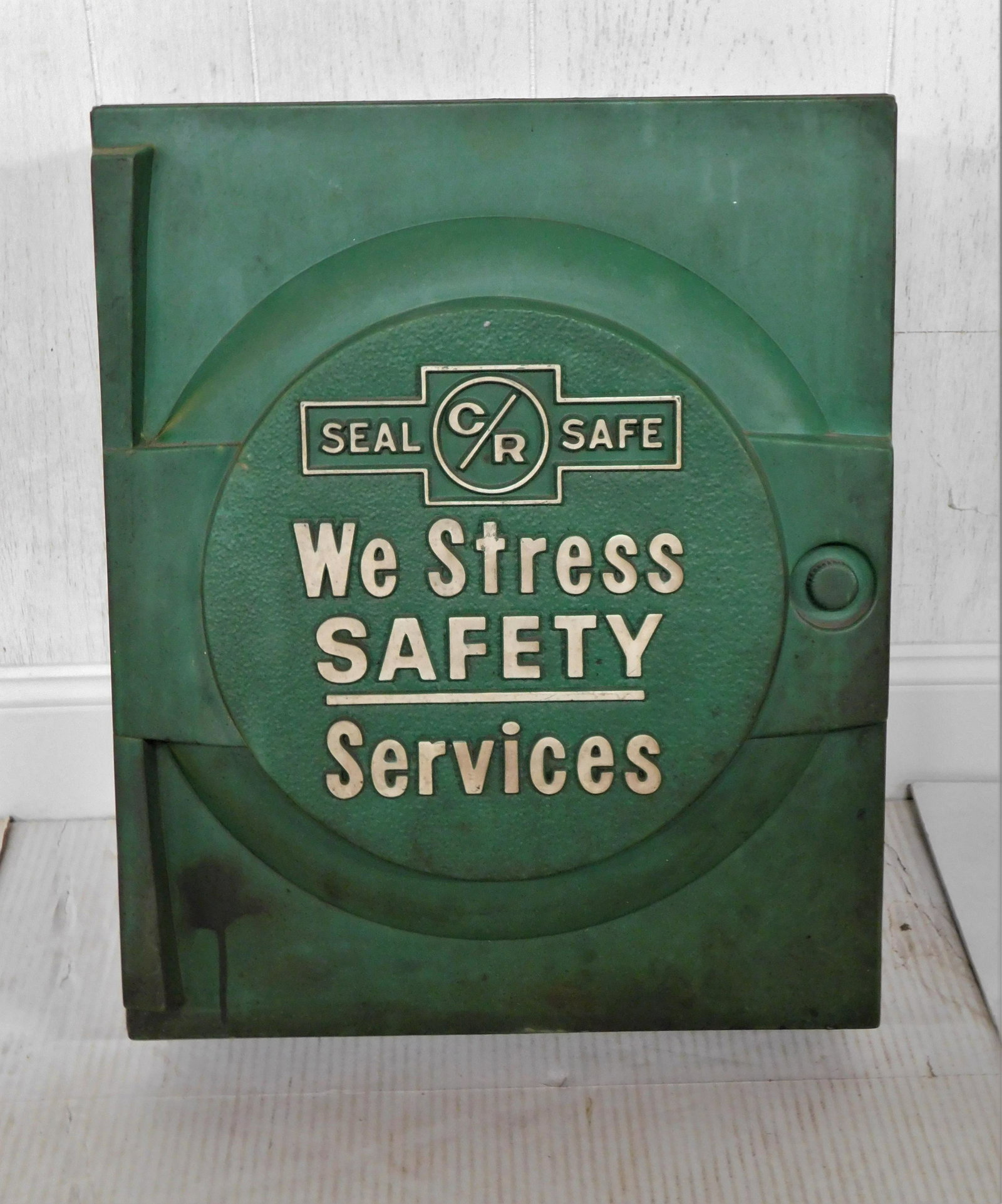 Vintage "Seal Safe" Metal Cabinet: Vintage "Seal Safe" Metal Wall Cabinet Marked "We Stress Safety Services" in Gd.Cond.