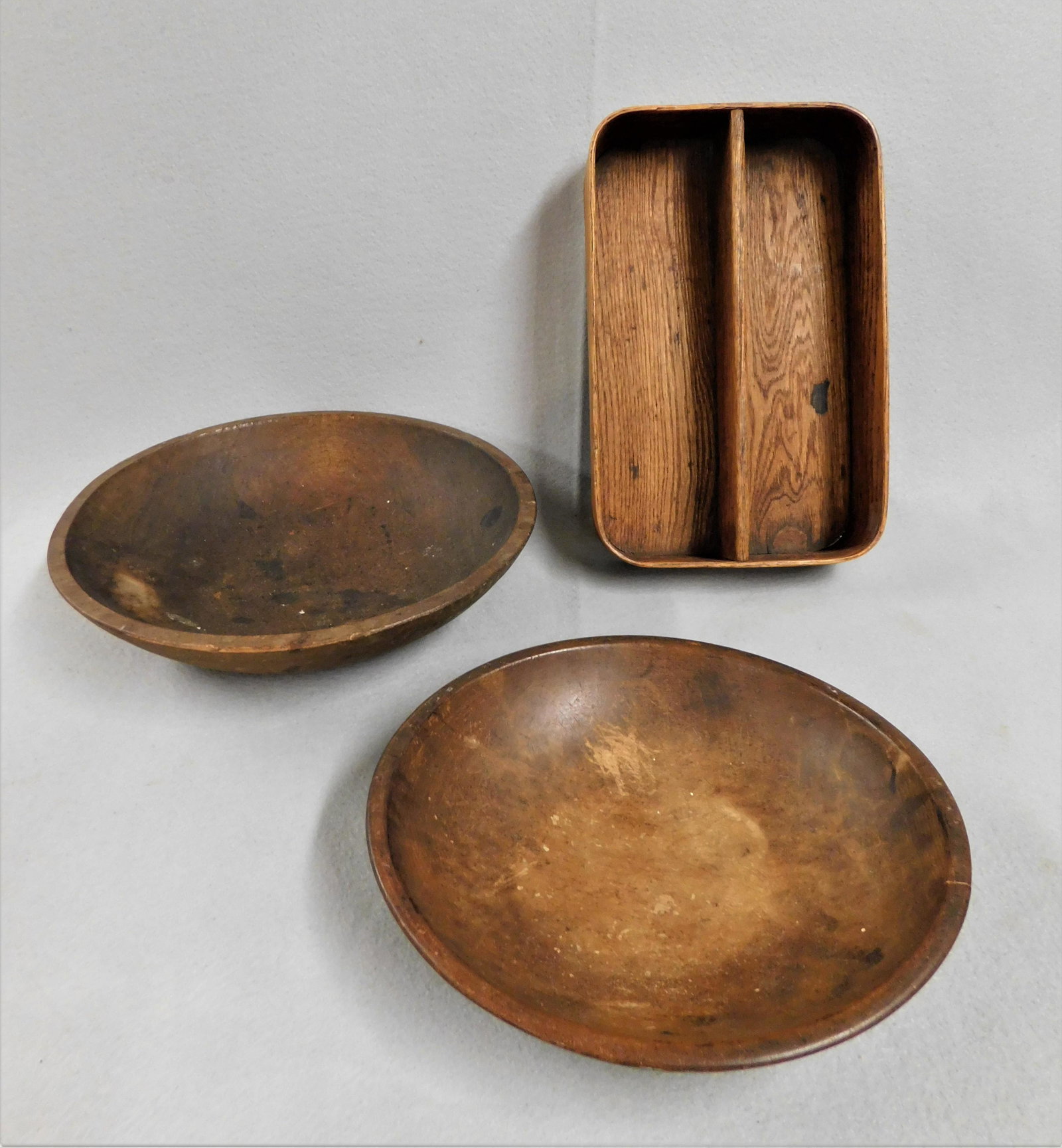 Lot of Early Wooden Kitchenwares: Lot of Early Wooden Kitchenwares incl. 2 Bowls & A Cutlery Box in Gd. Cond. - Bowls 11in.D & 13in.D.