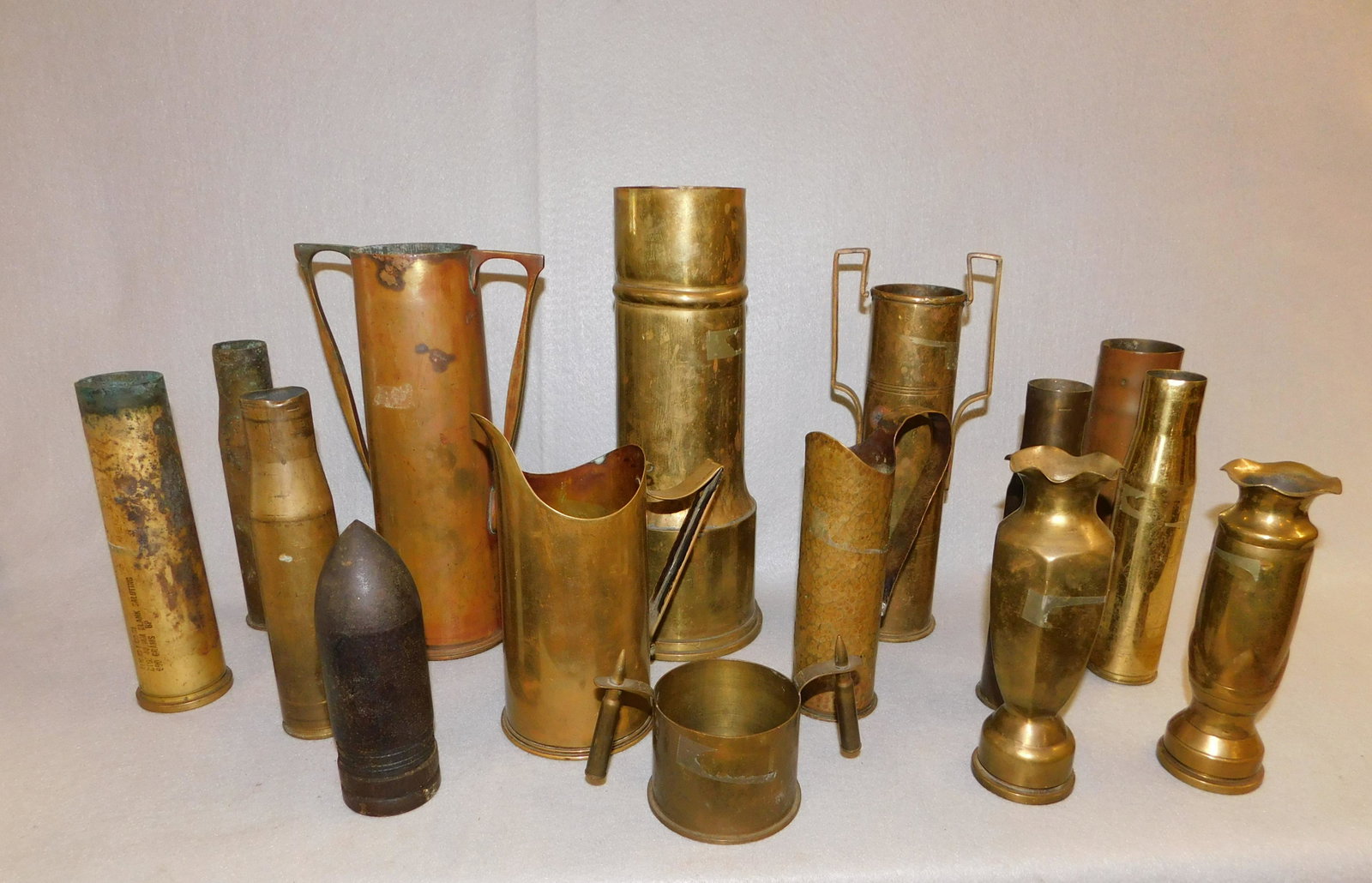 Lg. Lot of 15 Trench Art Pcs.: Lg. Lot of 15 Military Trench Art & Shell Casings (WWI & WWII) in Gd. Cond. - Ranging in Size from 3in.H.-13in.H.