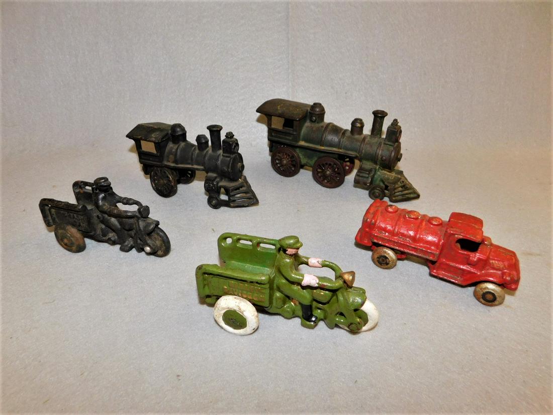 Lot of 5 Early Iron Toys: Lot of 5 Early Iron Toys incl. 2 Train Engines, Red Truck, "Harley Davidson" Motorcycle & Motorcycle Marked "Crash Car" w/Riders in Gd.Cond.