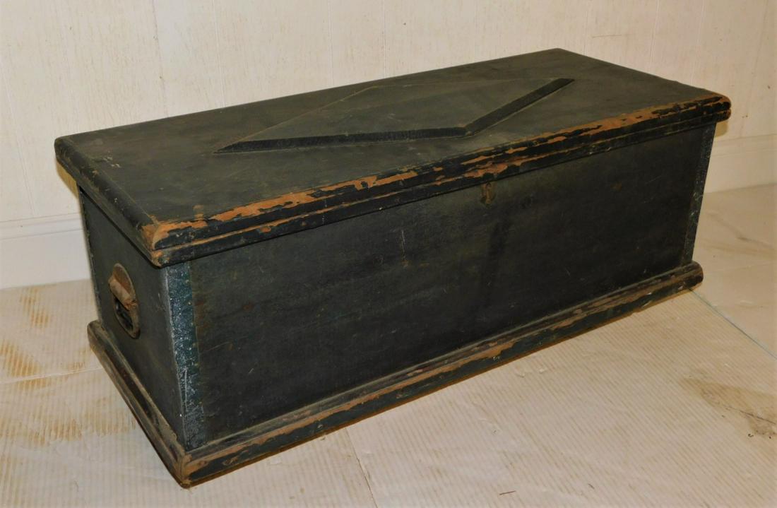 Early Tool Chest: Early Tool Chest in Green Pt. w/Iron Hdls./Metal Corner Plates in Gd.Cond. - 35 1/2W.x14 1/2D.x12 1/2in.H.