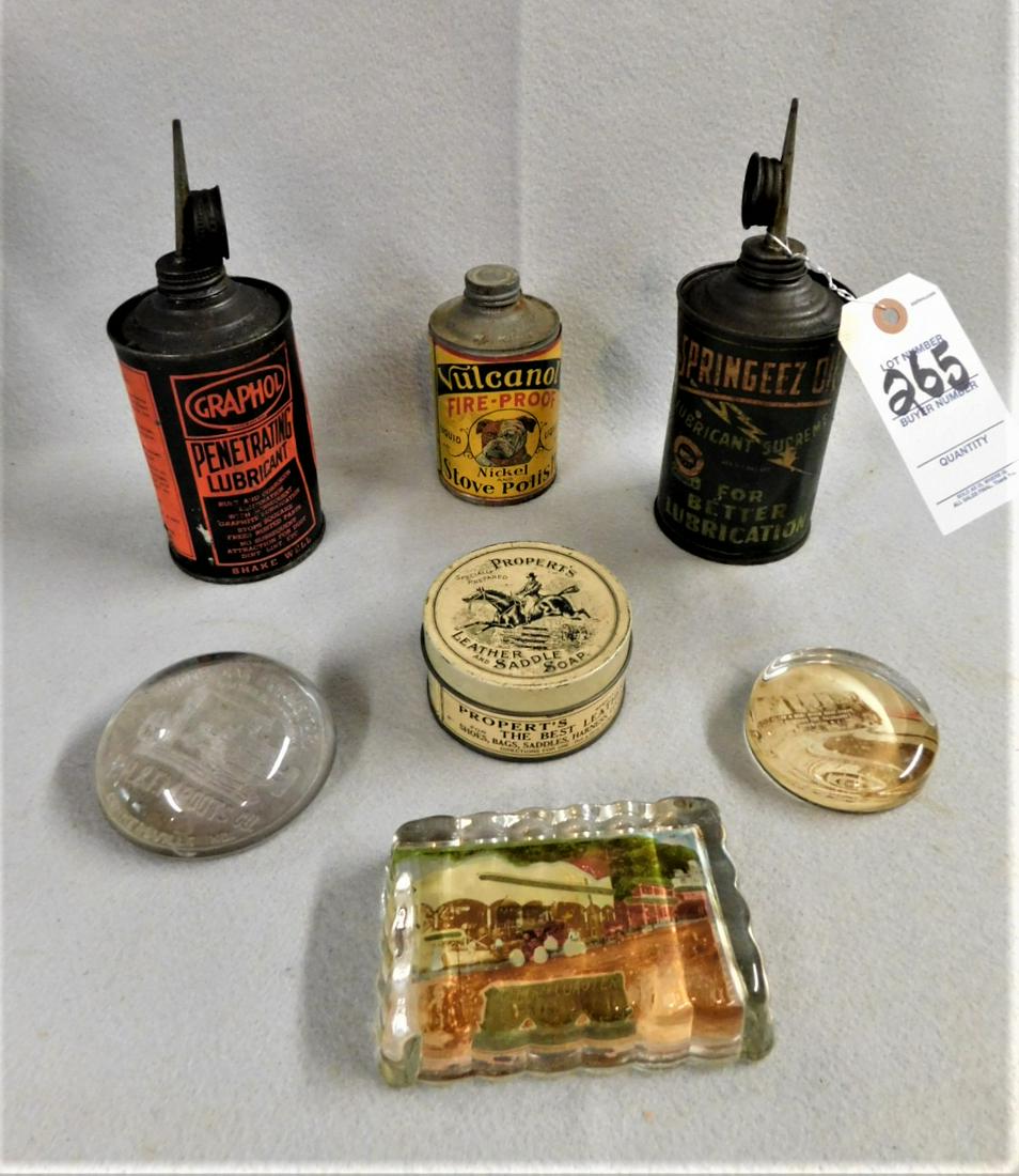 Lot of 7 Pcs. of Advertising: Lot of 7 Pcs. of Advertising incl. Stove Polish Can, 2 Lubricant Cans, Saddle Soap Can & 3 Glass Paperweights in Gd. Cond.