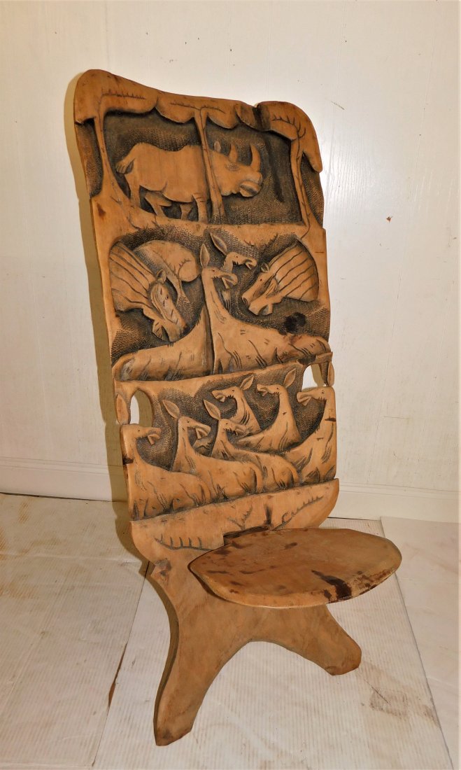 African Motif Wooden Slot Chair: African Motif Wooden Chair w/Slot Slide In for Seat to Make Chair Stand Up in Gd. Cond. - Age ? - 47in.H.x20in.W.