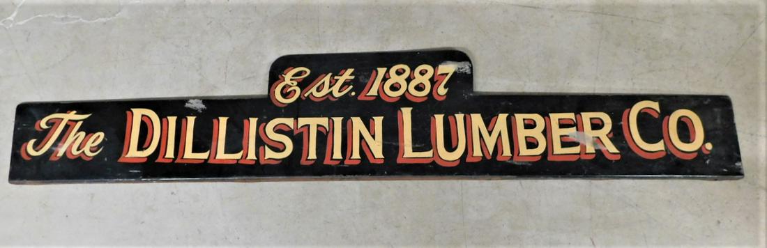 Lg. Metal 'Dillistin Lumber" Sign: Lg. Metal Dbl. Sided " The Dillistin Lumber Co. Est. 1887" Sign in Gd. Cond. 5Ft. 11in. x 12 3/4in.H.
