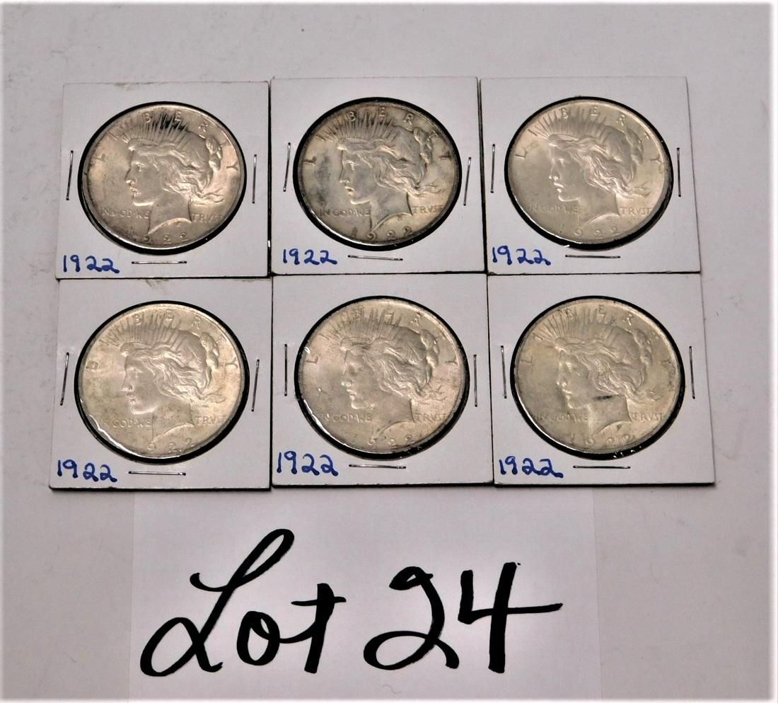 Lot of 6 - 1922 Silver Peace Dollars (1 of 2)