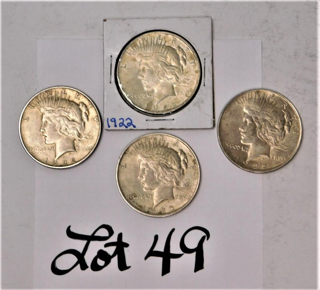 Lot of 4 - 1922  US Silver Peace Dollars (1 of 2)