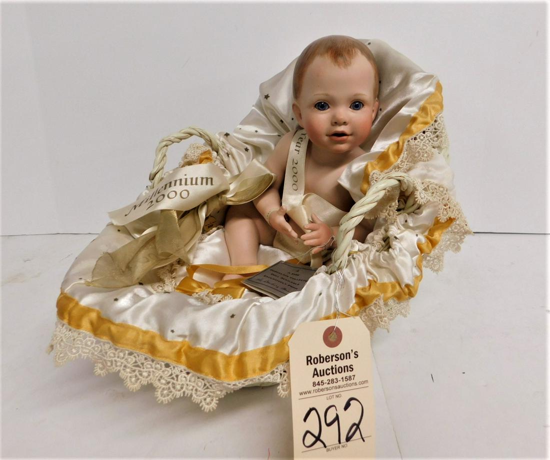 Danbury Mint Bisque Baby Doll: Danbury Mint Bisque Baby Doll - 2000 Commemorative in Basket Cradle in Gd. Cond.