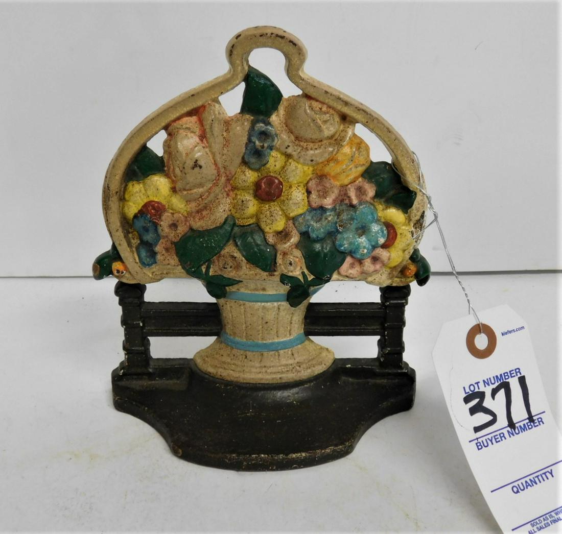 Iron Flower Basket Doorstop: Iron Flower Basket Doorstop in Gd. Cond. - 6 3/4"H.