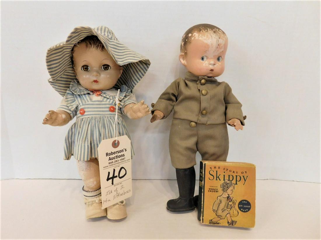 Lot of 2 Effanbee Compo Dolls, As Is: Lot of 2 Effanbee Compo Dolls, Both 14in., Boy is Skippy w/His Book, Both Need Restoration