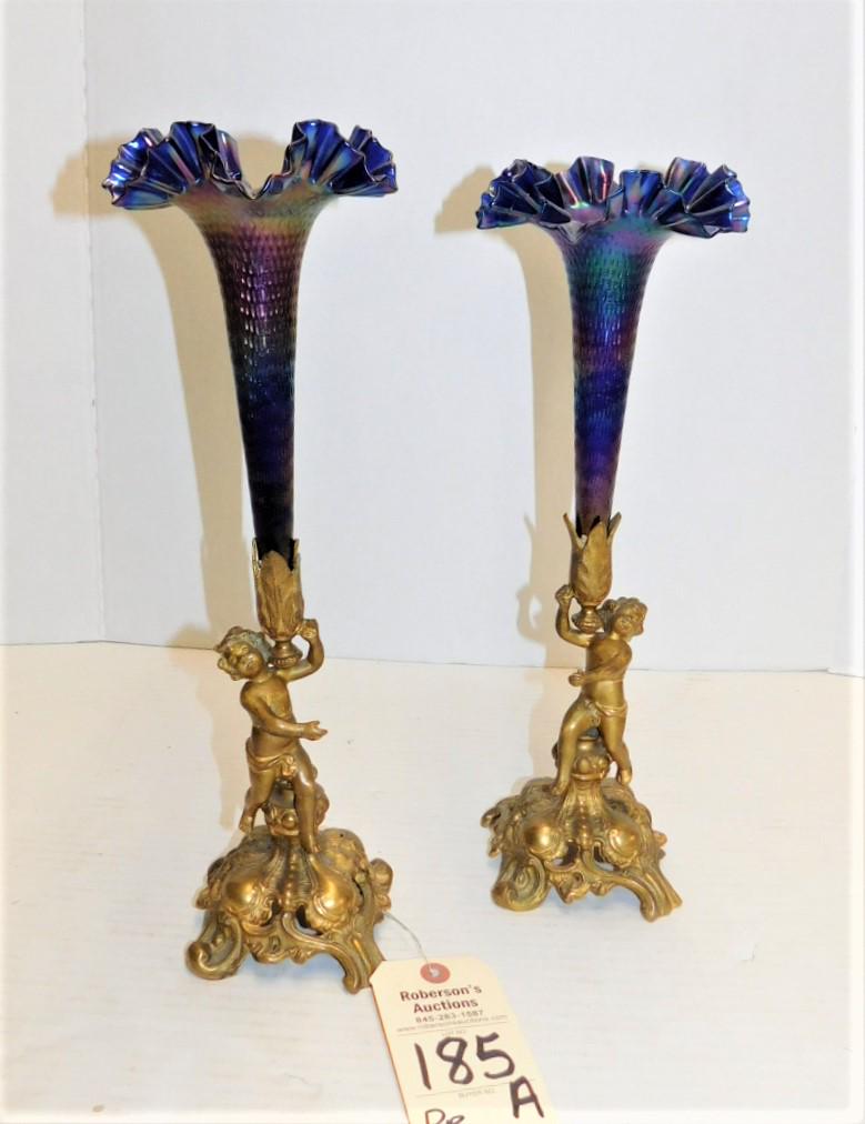 Pr.Figural Epergnes w/Carnival Glass Inserts: Pair of Figural Brass Epergnes w/Amethyst Fluted Carnival Glass Inserts - 15 1/2" H x 5" W. GD Cond.