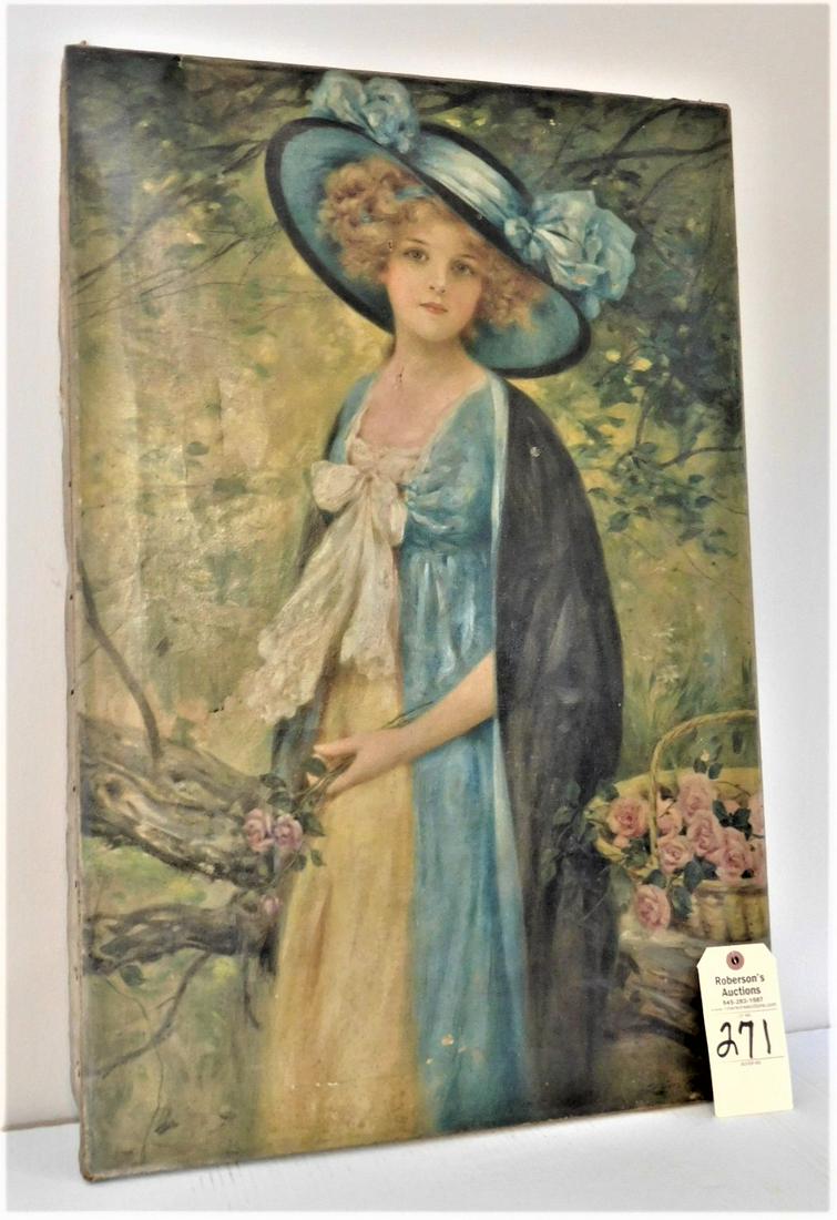 30 1/4" x 20" O/C Signed l.r. Leon Moran: 30 1/4" x 20" O/C Signed l.r. Leon Moran of Victorian Woman in Hat in GD Cond (Needs Restoration)