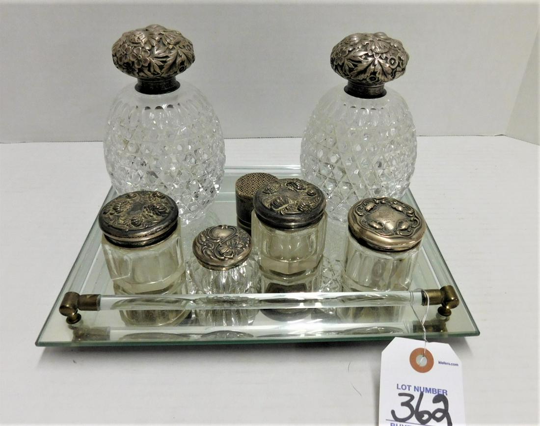 6 Sterling Top Dresser Pcs. & Mirror Tray: Lot of 6 Sterling Top Dresser Pcs & Mirror Tray in GD Cond.