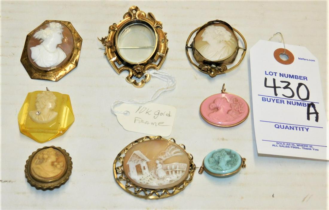 Lg. Lot of Vintage Cameos: Lg. Lot of Vintage Cameos Incl. 1 in 10K Gold Frame w/Glass, Cameos are Mostly Gold Plated in GD Cond.