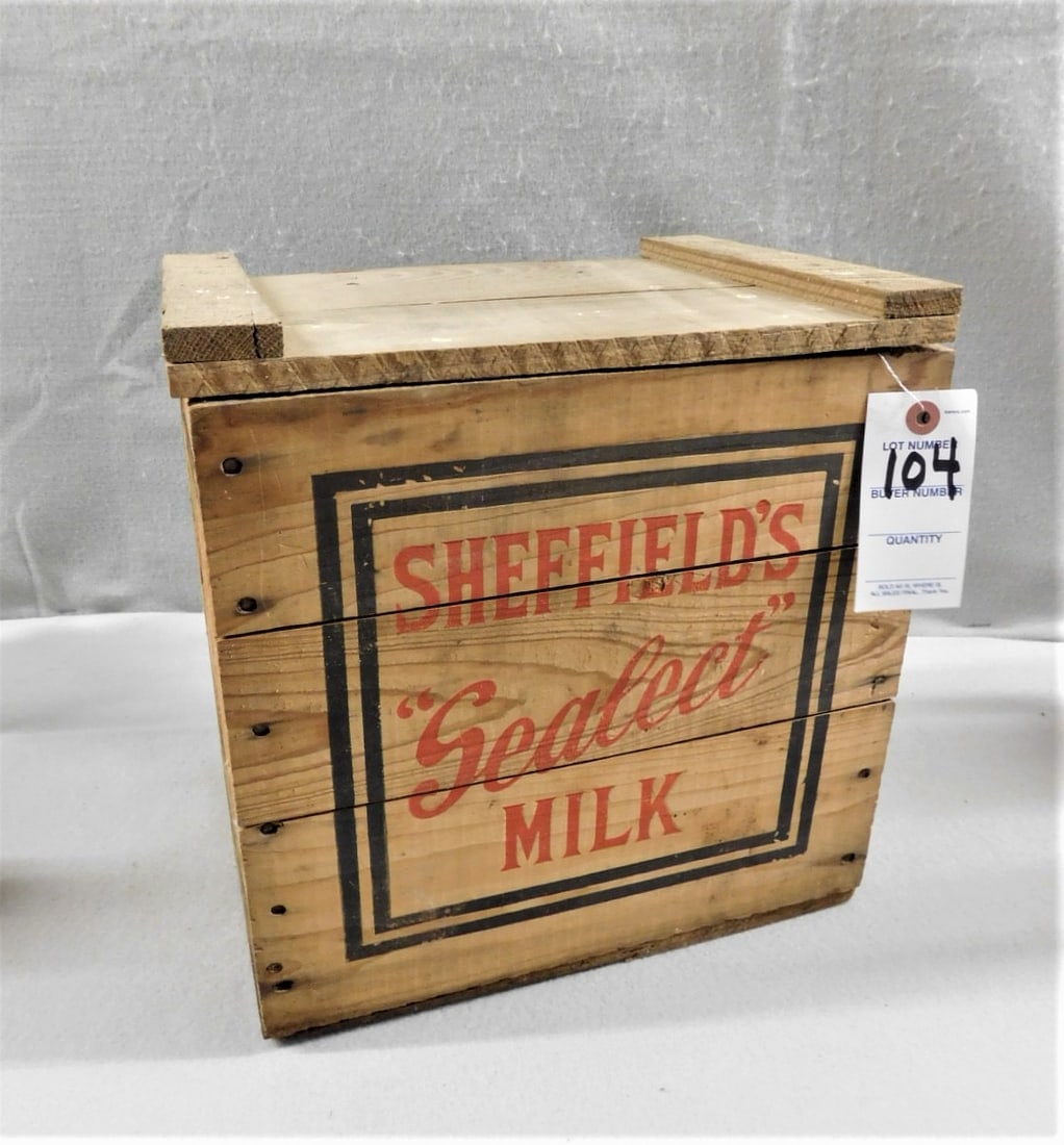 Wooden "Sheffield's Sealect Milk" Box: Wooden "Sheffield's Sealect Milk"Box w/Lid - Sheffield Farms on Sides in GD Cond. 13"H x 121/4"W x 9 1/4"D