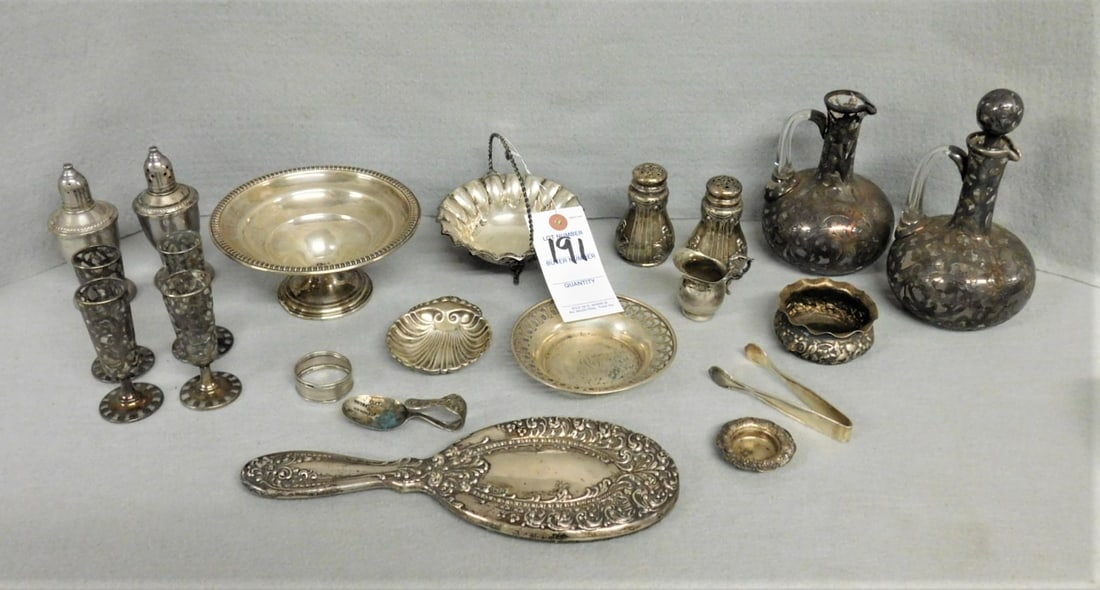 Lot of 21 Pcs. of Sterling: Lot of 21 Pcs of Sterling and Sterling Overlay Incl. Bowls, S/P, Cruet, Cordials, Tongs, Spoon, Etc. in GD Cond.