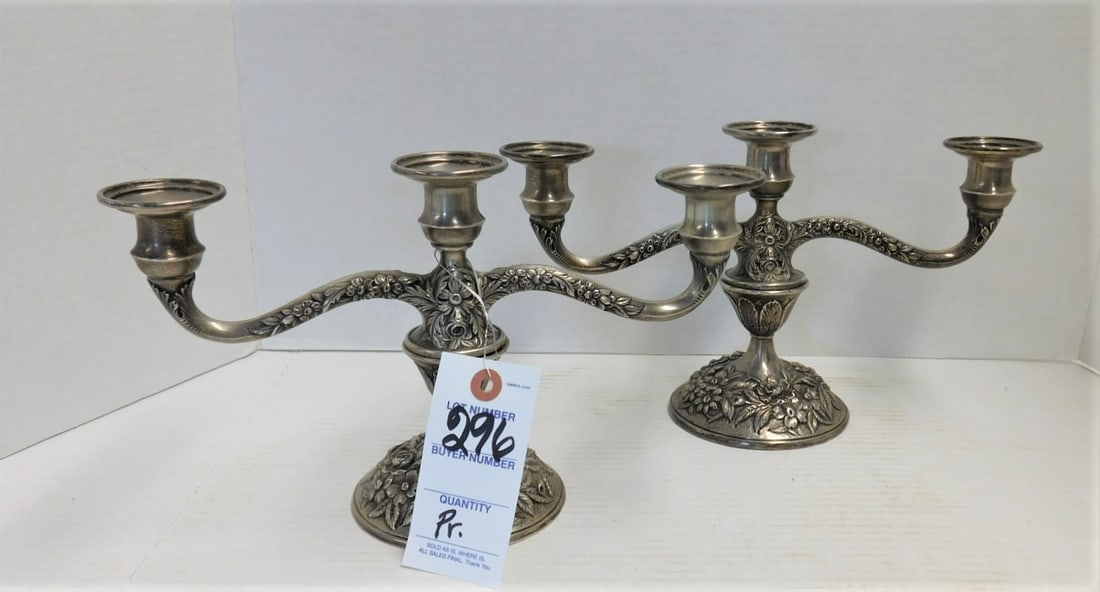 Pr. of Sterling Weighted Candleholders: Pr. of Sterling Repousse Weighted Tri-Candleholders by Shirk & Sons in GD Cond. - 6 3/4"H x 12"W