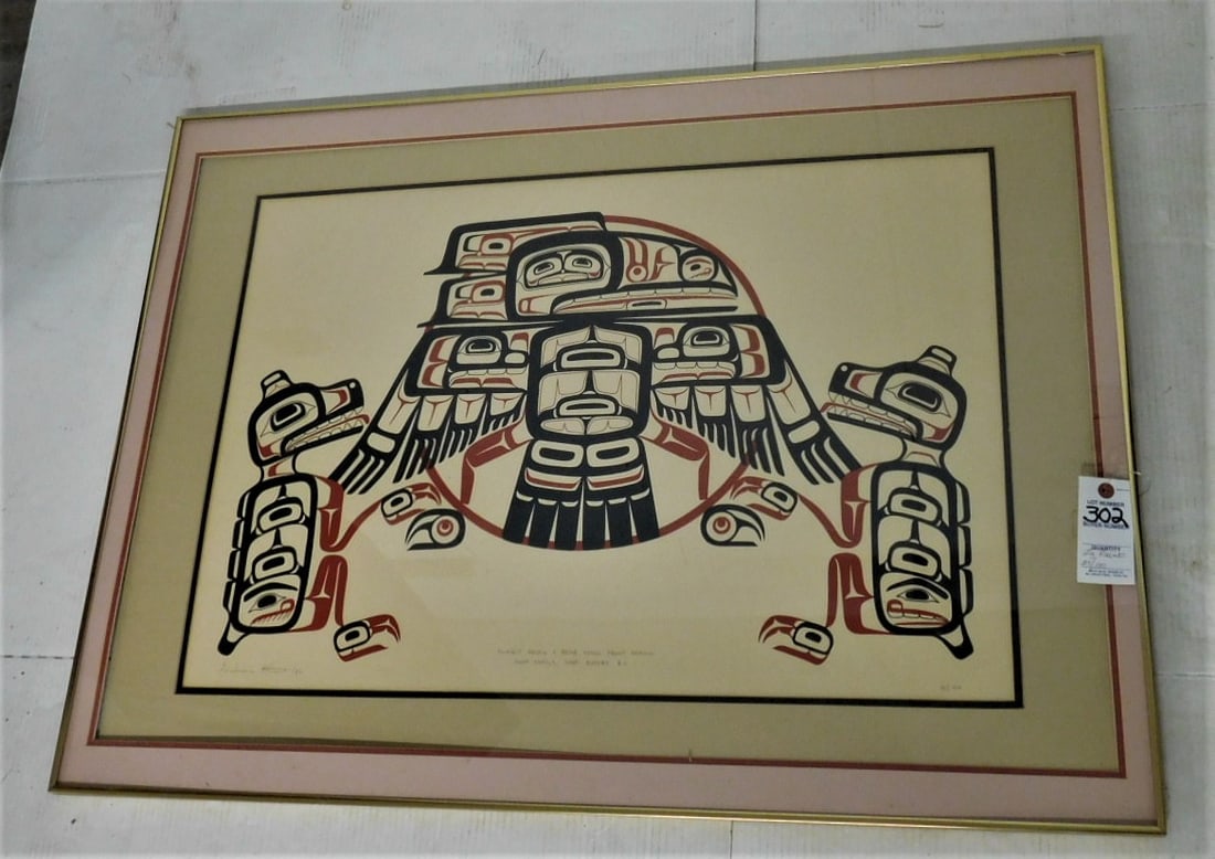 Modern Print: Modern Print - "Thingit Raven and Bear House Front Design - Hunt Family, Fort Rupert, B.C." Pencil Signed, 25/100 in GD Cond. - Metal Frame Under Glass23"x32"