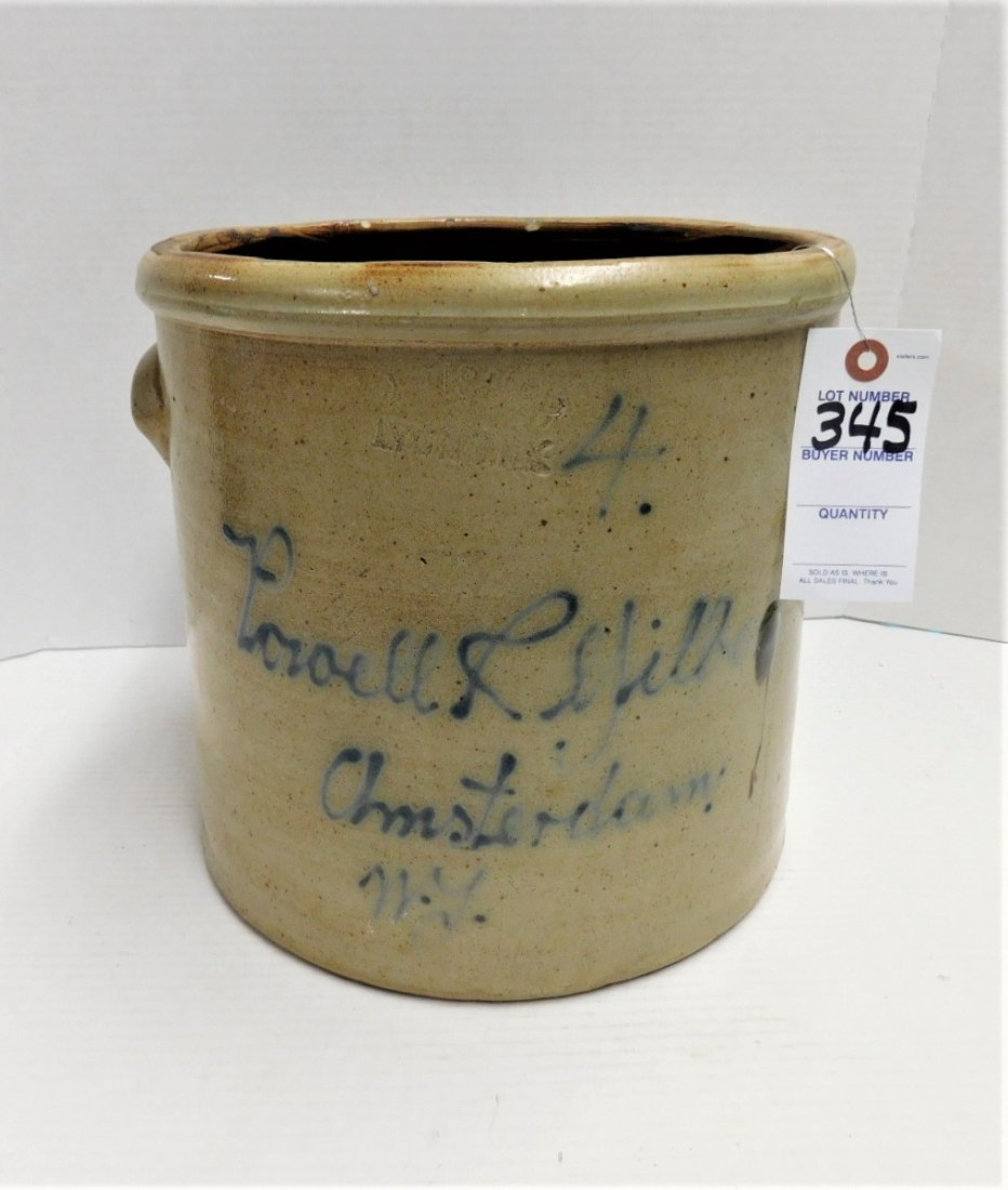 4 Gal. "Powell & Hill" Decorated Crock: 4 Gal. "Powell & Hill" Amsterdam, NY Decorated Crock in As Found Cond. ( Lg. Chip on Right Side of Rim, Hairline in Back)