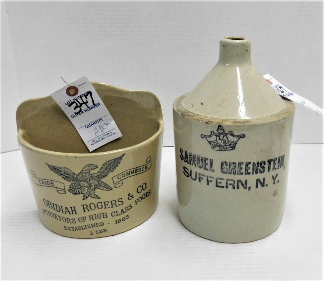 2 Pcs. of Advertising Stoneware: 2 Pcs. of Advertising Stoneware incl. a 9 1/2"H. Jug Marked "Samuel Greenstein, Suffern, NY & a 2 lb. Butter 6 1/2"H.Bin Marked "Obidiah Rogers & Co. in Gd. Cond.