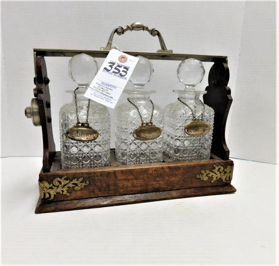 Oak Liquor Caddy w/3 Cut Glass Bottles (1 of 1)