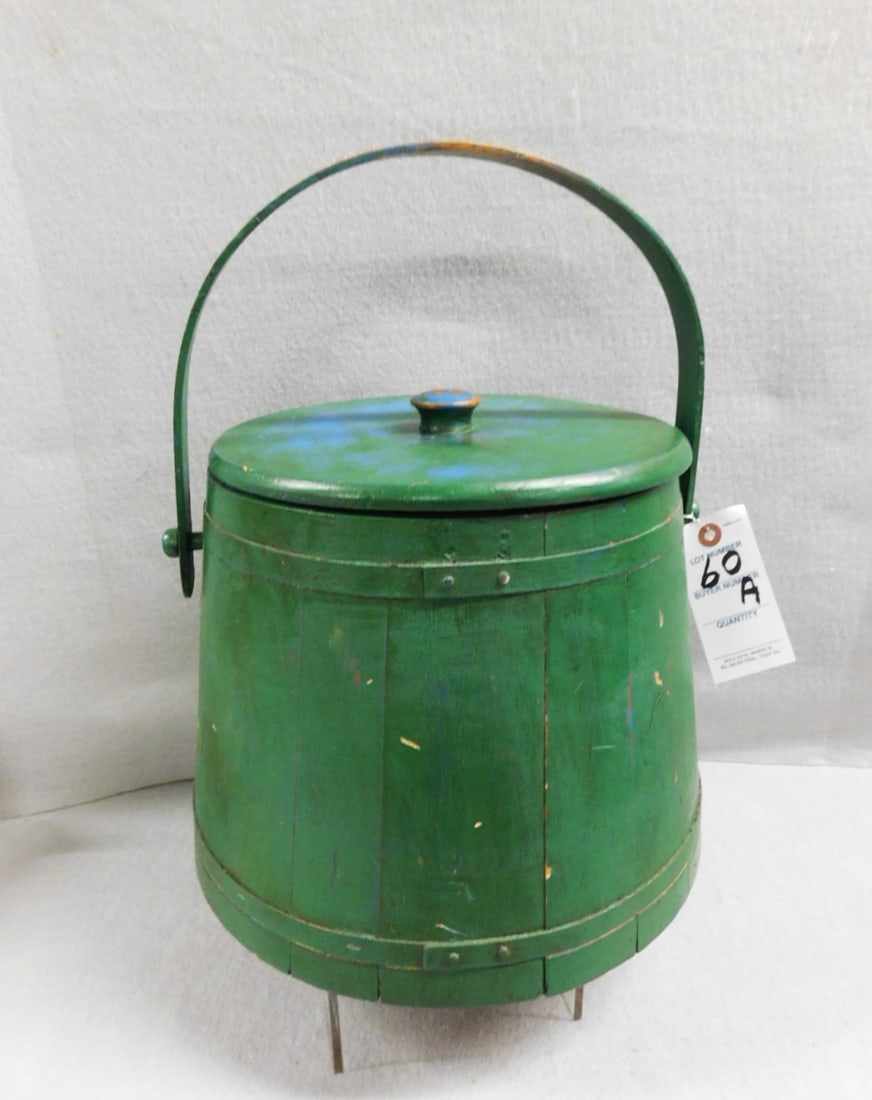 Lg. Banded Firkin in Green Pt. with Lid: Lg. Banded Firkin in Green Paint with Lid & Handle 10 1/4"H x 13"D in GD Cond